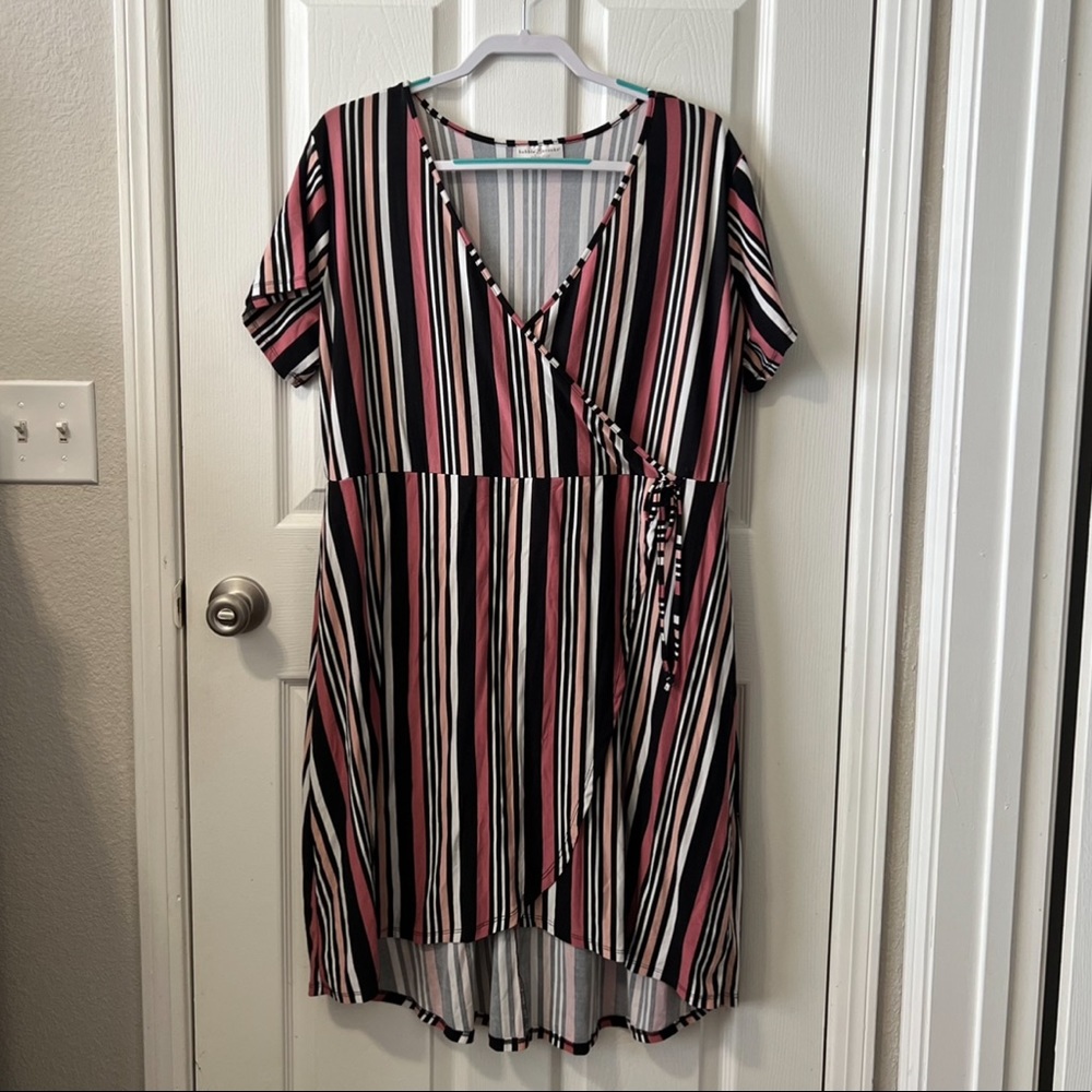 Striped V-Neck Faux Wrap Dress